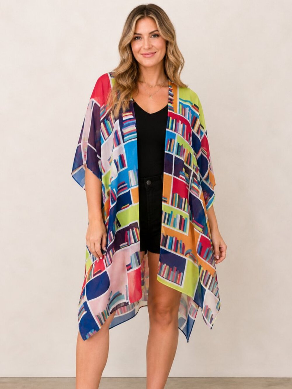 Bright Book Print Kimono Cover Up OS Fits 2-20